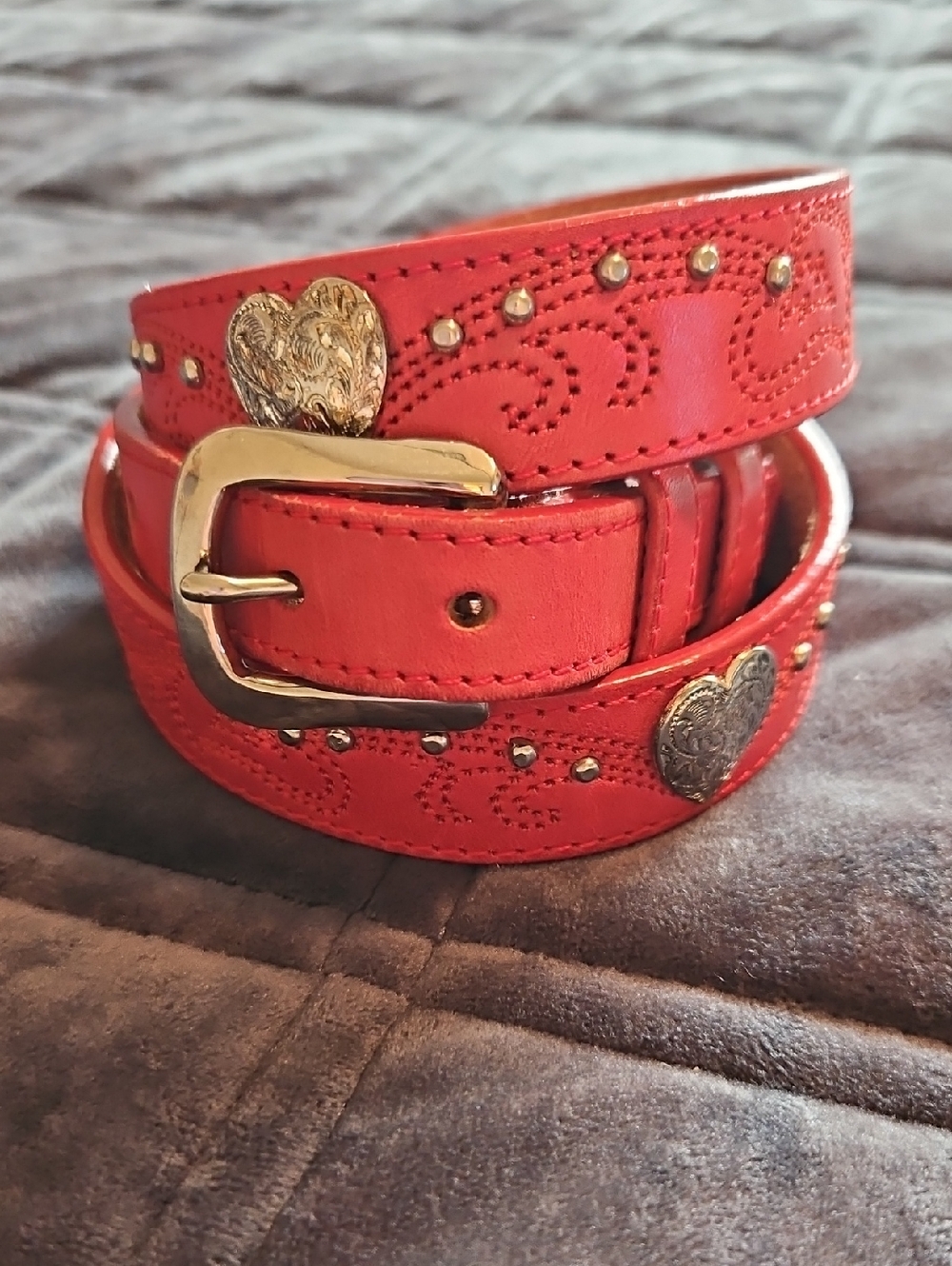 Genuine Leather Red Heart Studded Belt Sz 32 Western Y2K Boho Statement